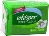 Whisper Sanitary Napkins - Ultra Clean with Wings, 8 nos Pouch , 15 nos Pouch